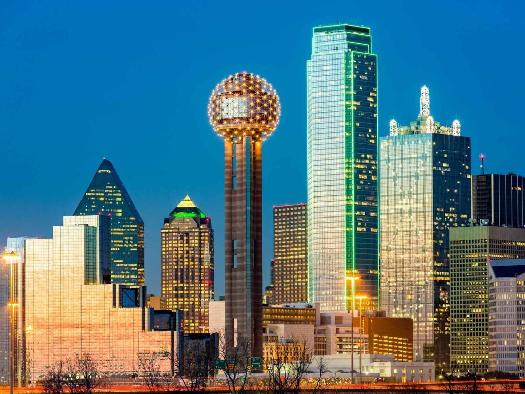 The Dallas Skyline lit up at dusk