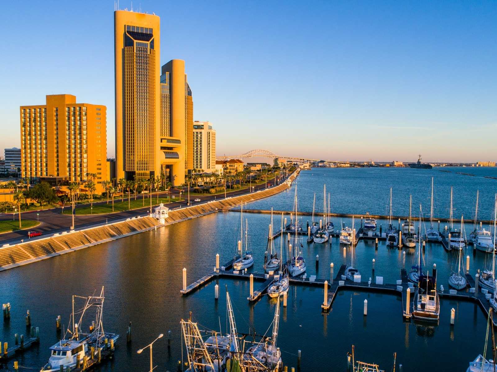 aerial view of Corpus Christ water, boats and buildings