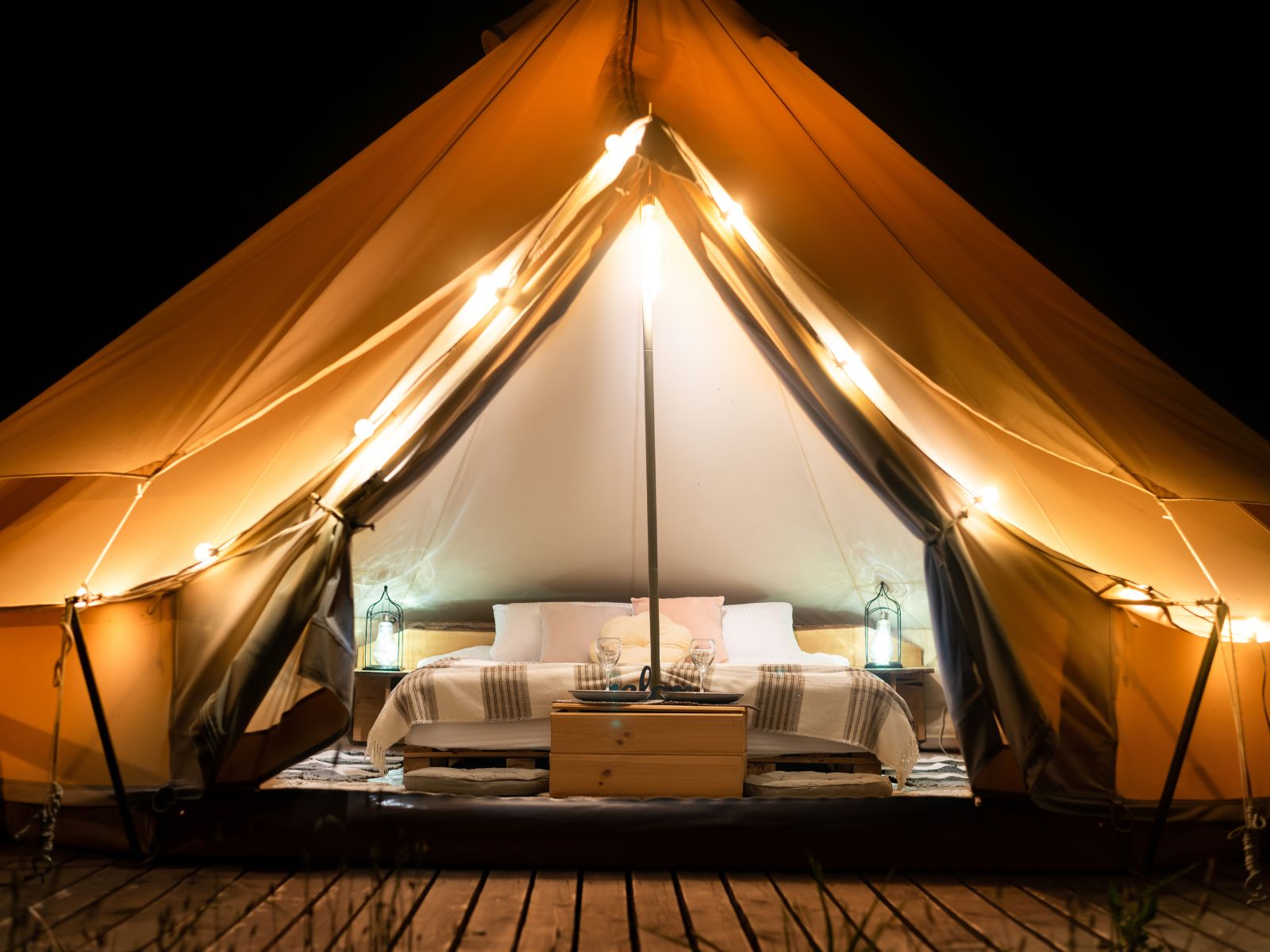 glamping in Texas-tent at night